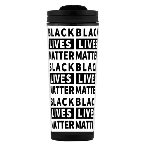 Tall mug personalized with "Black Lives Matter" black on white tiled design