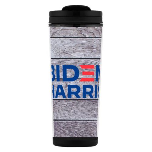 Tall mug personalized with "Biden Harris" logo on wood grain design