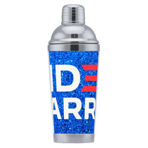 Personalized coctail shaker personalized with "Biden Harris" logo on blue design