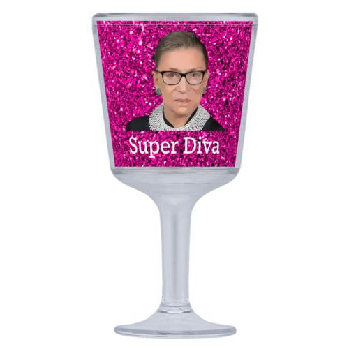 Plastic wine glass personalized with Ruth Bader Ginsburg drawing and "Super Diva" design