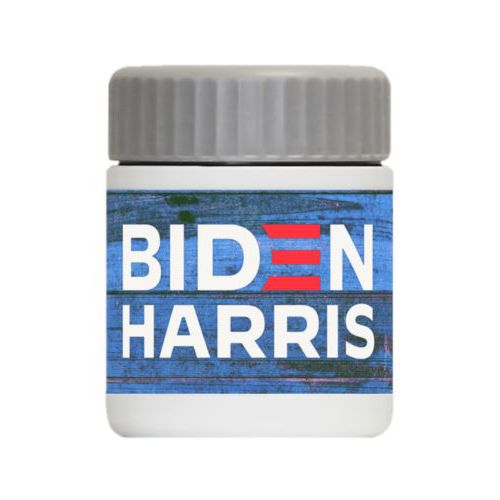 Personalized 12oz food jar personalized with "Biden Harris" logo on blue wood design