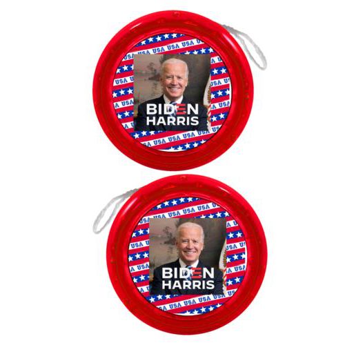 Personalized yoyo personalized with Biden photo and "Biden Harris" logo on red white and blue design
