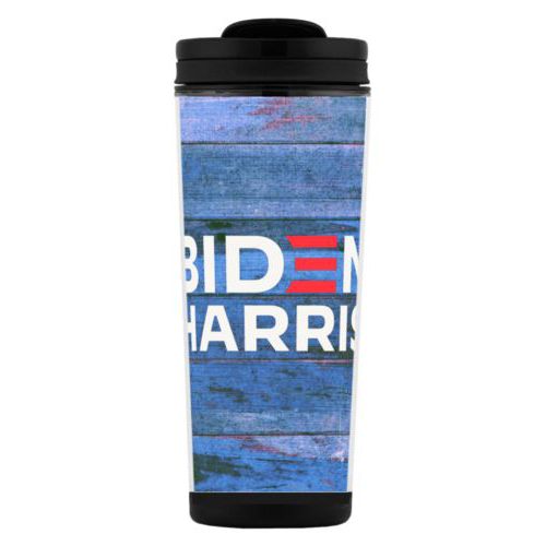 Tall mug personalized with "Biden Harris" logo on blue wood design