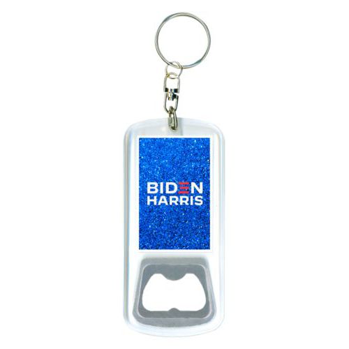 Bottle opener with key ring personalized with "Biden Harris" logo on blue design