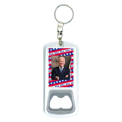 Durable bottle opener and steel key ring personalized with Biden photo on red white and blue design