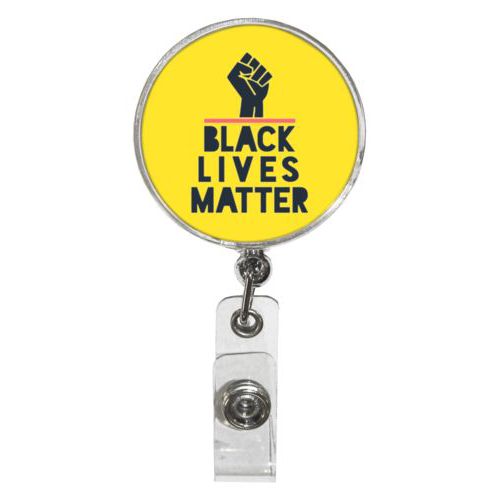 Personalized badge reel personalized with "Black Lives Matter" and fist black on yellow design