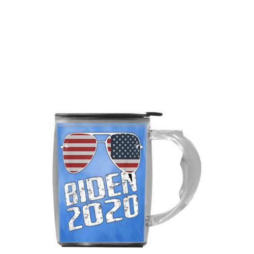 Personalized handle mug personalized with "Biden 2020" sunglasses on blue cloud design