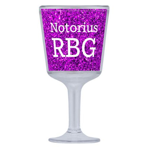 Personalized wine cup personalized with fuchsia glitter pattern and the saying "Notorius RBG"