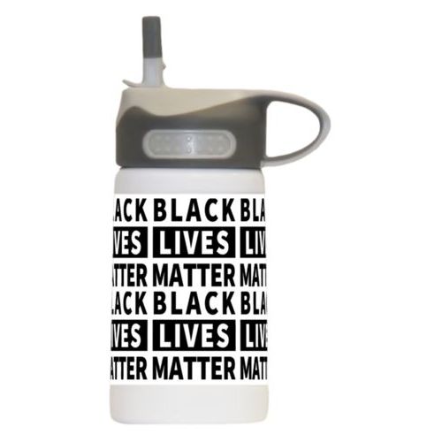 12oz insulated steel sports bottle personalized with "Black Lives Matter" black on white tiled design