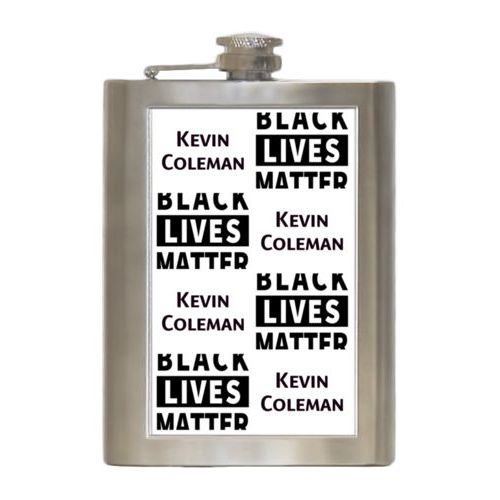 8oz steel flask personalized with "Black Lives Matter" and a name black on white tiled design