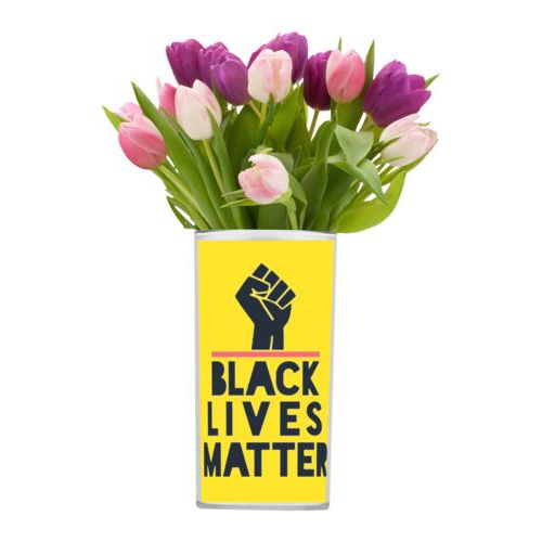 Custom vase personalized with "Black Lives Matter" and fist black on yellow design