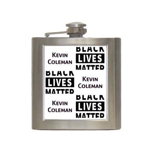 6oz steel flask personalized with "Black Lives Matter" and a name black on white tiled design