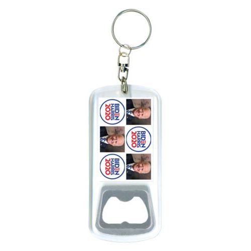 Durable bottle opener and steel key ring personalized with "Biden Harris 2020" round logo and Biden photo tile design