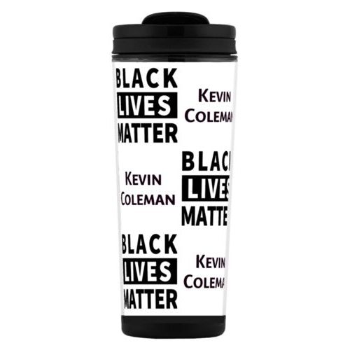 Tall mug personalized with "Black Lives Matter" and a name black on white tiled design