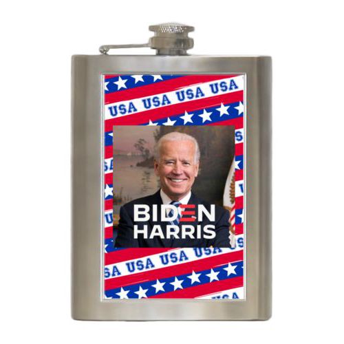 8oz steel flask personalized with Biden photo and "Biden Harris" logo on red white and blue design