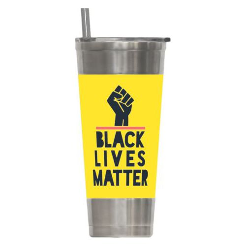 24oz insulated steel tumbler personalized with "Black Lives Matter" and fist black on yellow design