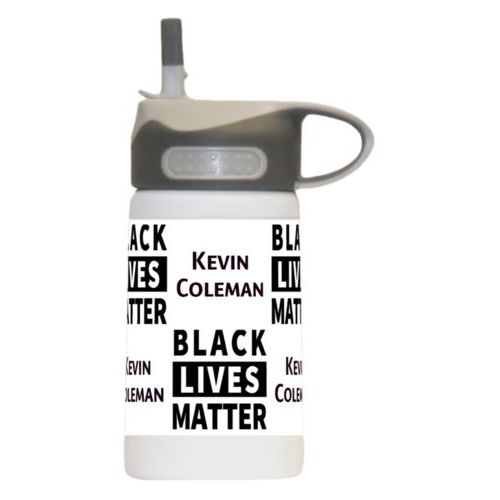 12oz insulated steel sports bottle personalized with "Black Lives Matter" and a name black on white tiled design