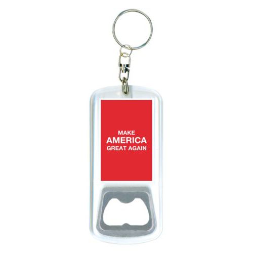 Durable bottle opener and steel key ring personalized with "Make America Great Again" design on red