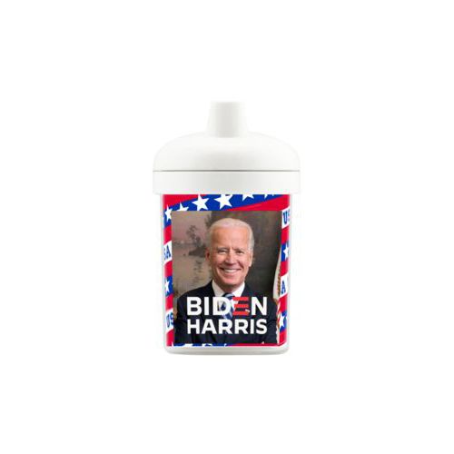 Personalized toddler cup personalized with Biden photo and "Biden Harris" logo on red white and blue design