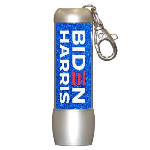 Small bright personalized flasklight personalized with "Biden Harris" logo on blue design