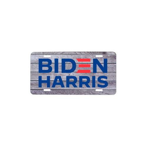 Personalized license plate personalized with "Biden Harris" logo on wood grain design