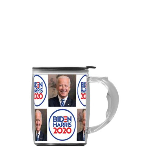 Personalized handle mug personalized with "Biden Harris 2020" round logo and Biden photo tile design