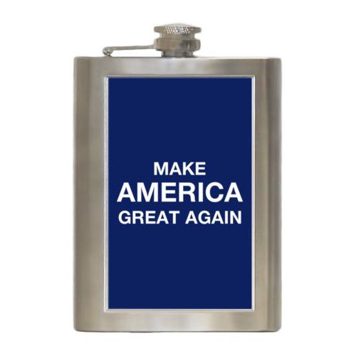 8oz steel flask personalized with "Make America Great Again" design on blue