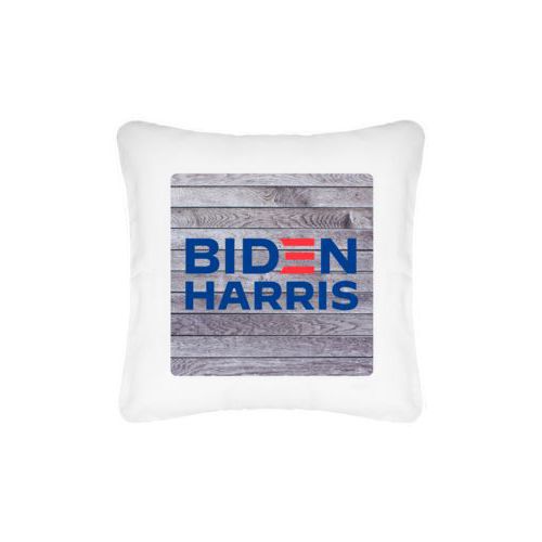Custom pillow personalized with "Biden Harris" logo on wood grain design