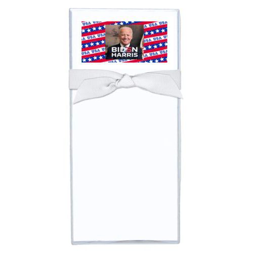 Note sheets personalized with Biden photo and "Biden Harris" logo on red white and blue design