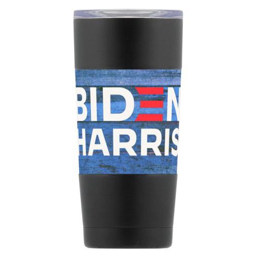 20oz vacuum insulated steel mug personalized with "Biden Harris" logo on blue wood design