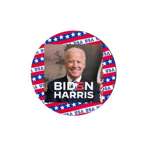 Set of 4 custom coasters personalized with Biden photo and "Biden Harris" logo on red white and blue design