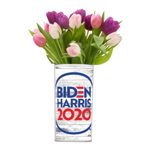 Personalized vase personalized with "Biden Harris 2020" round logo on wood grain design