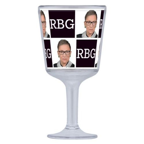 Plastic wine glass personalized with Ruth Bader Ginsburg drawing and "RGB" tiled design