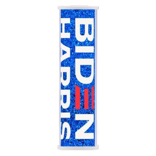 Battery backup phone charger personalized with "Biden Harris" logo on blue design