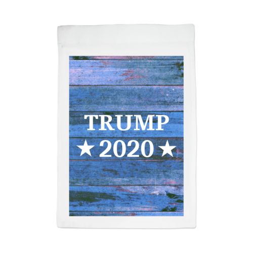 Personalized yard flag personalized with "Trump 2020" on blue wood grain design