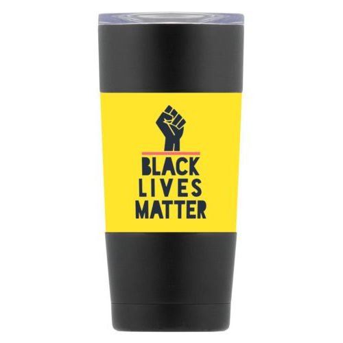 20oz double-walled steel mug personalized with "Black Lives Matter" and fist black on yellow design