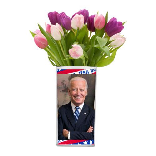 Personalized vase personalized with Biden photo on red white and blue design