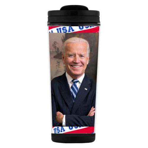 Tall mug personalized with Biden photo on red white and blue design