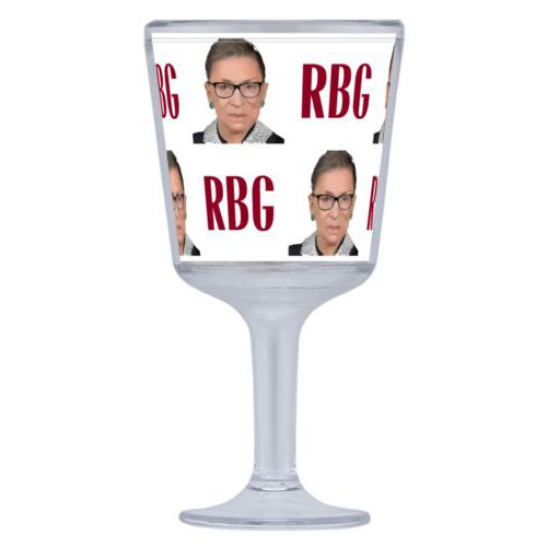 Personalized wine cup personalized with a photo and the saying "RBG" in white and maroon