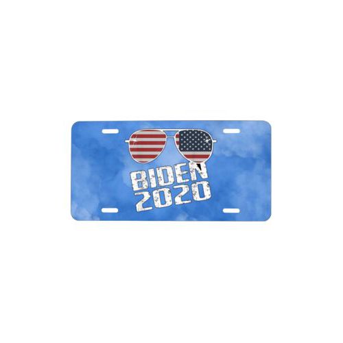 Personalized license plate personalized with "Biden 2020" sunglasses on blue cloud design