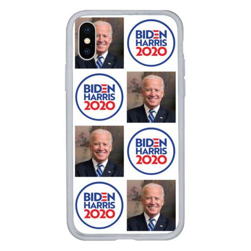 Custom protective phone case personalized with "Biden Harris 2020" round logo and Biden photo tile design