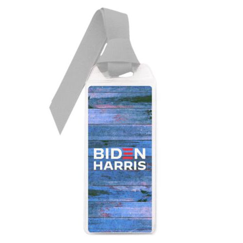 Personalized bookmark personalized with "Biden Harris" logo on blue wood design
