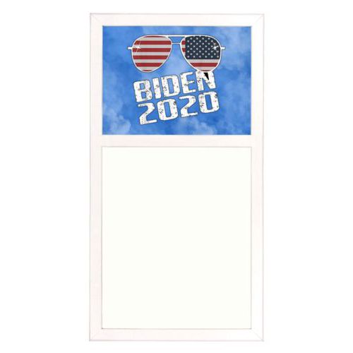 Personalized whiteboard personalized with "Biden 2020" sunglasses on blue cloud design