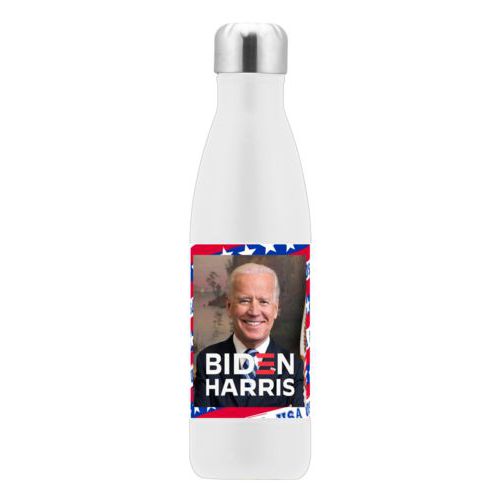 17oz insulated steel bottle personalized with Biden photo and "Biden Harris" logo on red white and blue design