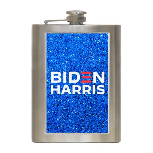 Durable steel flask personalized with "Biden Harris" logo on blue design