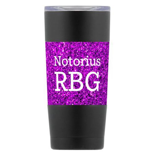 Personalized insulated steel mug personalized with fuchsia glitter pattern and the saying "Notorius RBG"