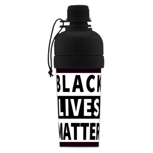 Custom kids water bottle personalized with "Black Lives Matter" white on black design