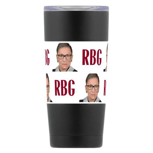 Personalized insulated steel mug personalized with a photo and the saying "RBG" in white and maroon