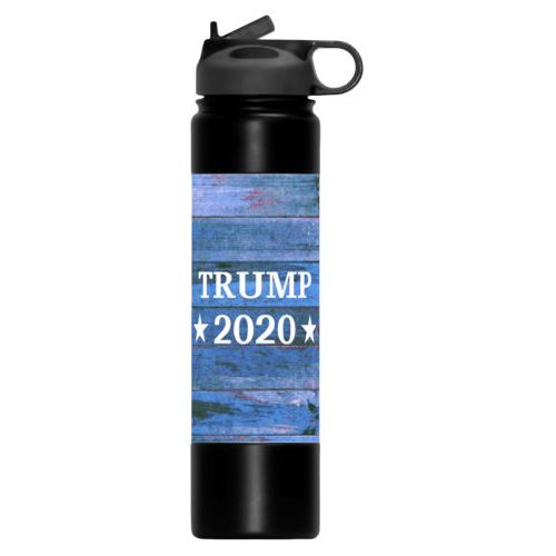 24oz insulated steel sports bottle personalized with "Trump 2020" on blue wood grain design