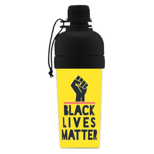 Custom sports bottle personalized with "Black Lives Matter" and fist black on yellow design